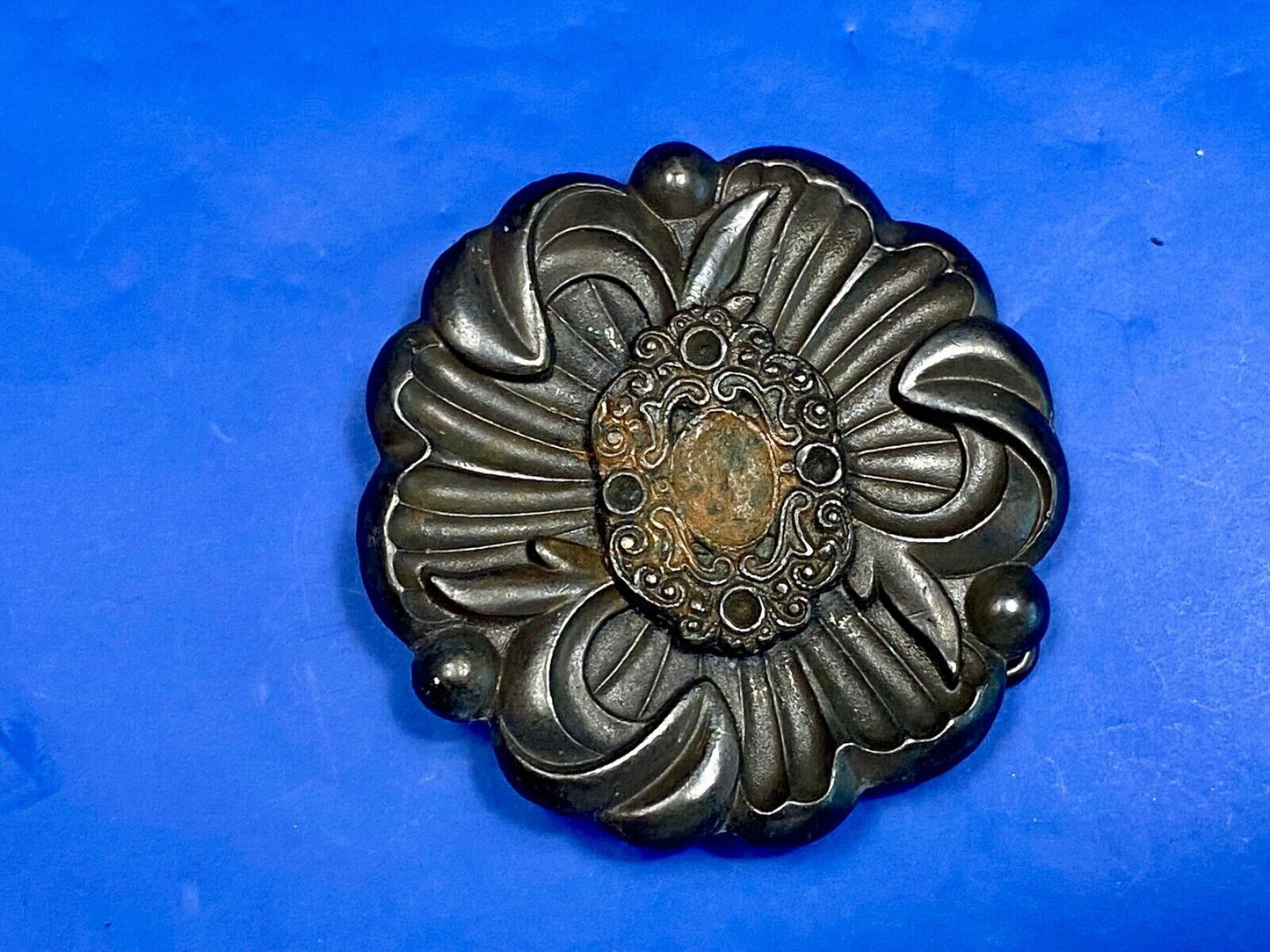 Vintage Antique? Black Flower belt buckle marked BF. - missing stones