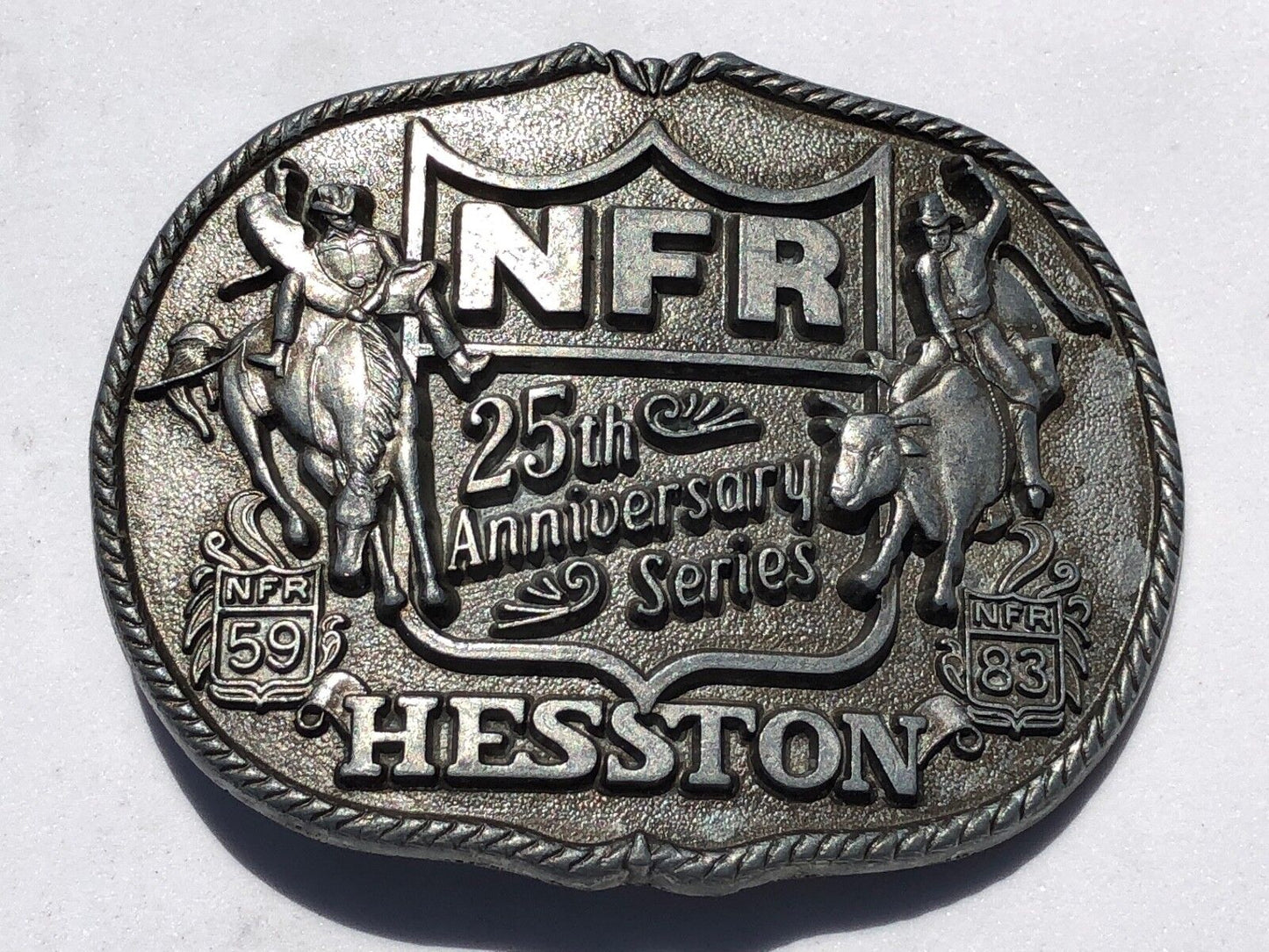1983 25th Anniversary Series Hesston National Finals Rodeo Belt Buckle 3.5x3"