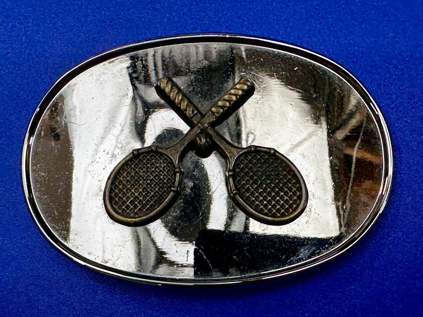 Tennis Racquet's Sports Fan's Vintage Two Tone Reflective Oval Belt Buckle
