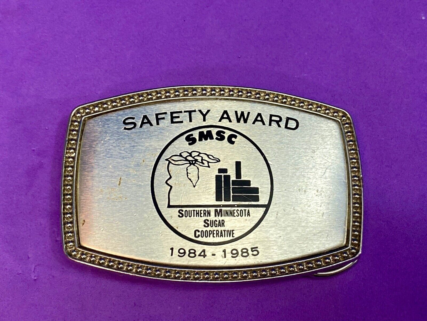 1985 - Smsc Southern Mn Sugar Cooperative Safety Award Belt Buckle By Alumaline