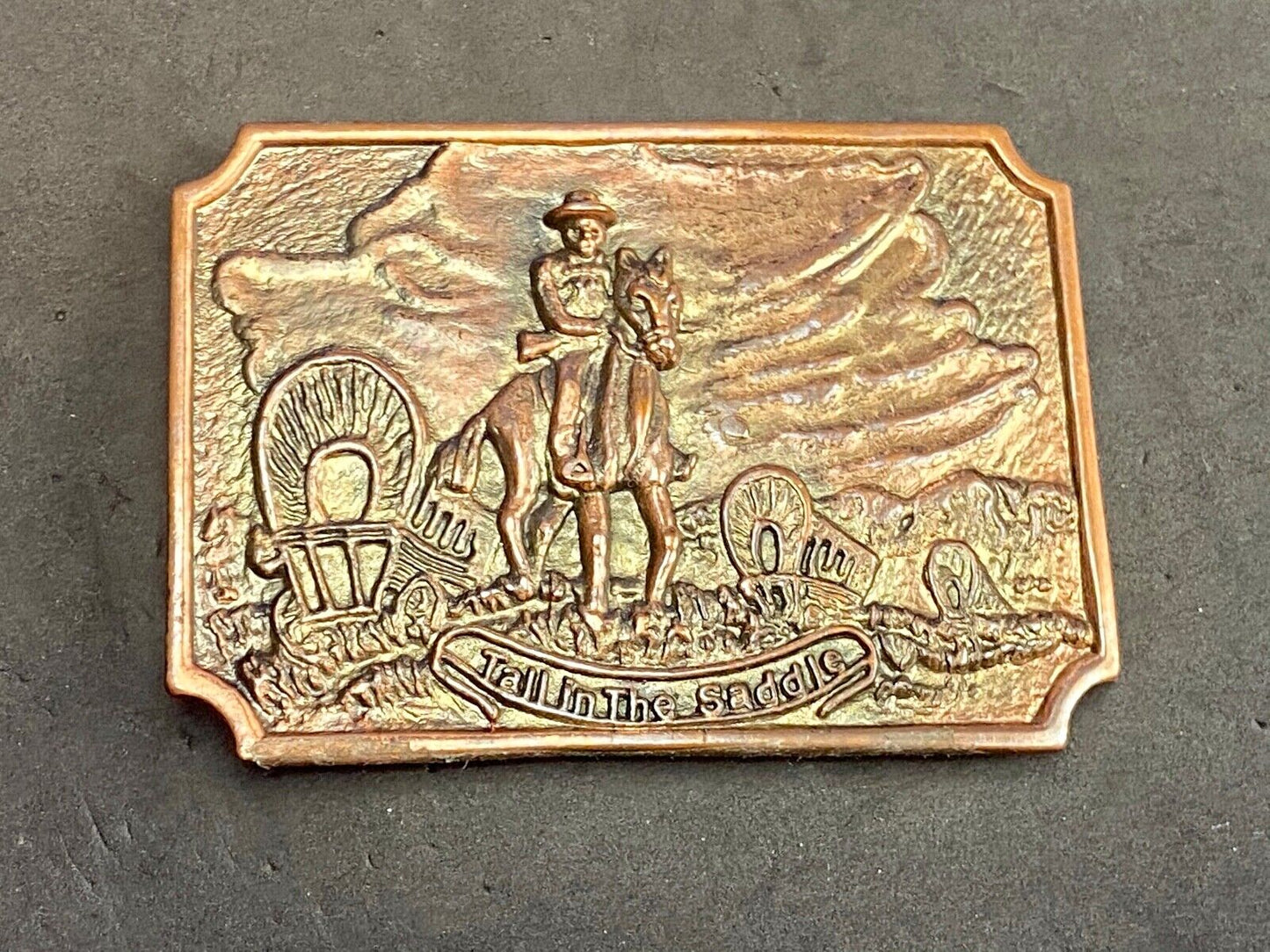 Tall In The Saddle Masked Cowboy And Covered Wagon Western Art Belt Buckle