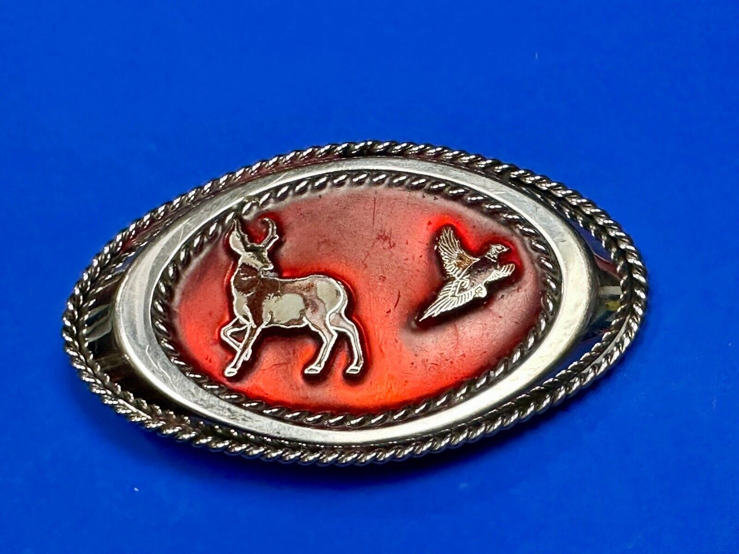 Vintage Artisan Hunters Deer and Quail oval western belt buckle