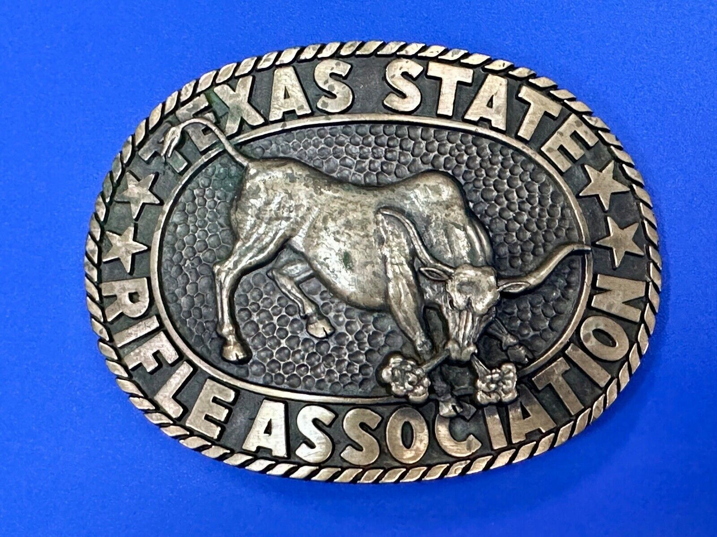 Texas State Rifle Association Charging longhorn Hunting Norman Co. belt buckle
