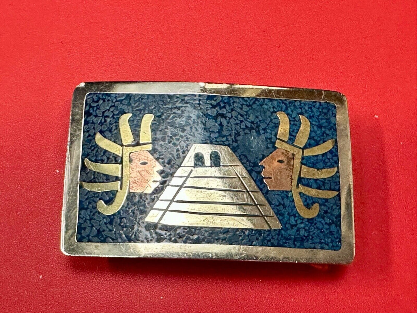 Aztec Mayan Temple Pyramid Figures Vintage Inlay belt buckle made in Mexico