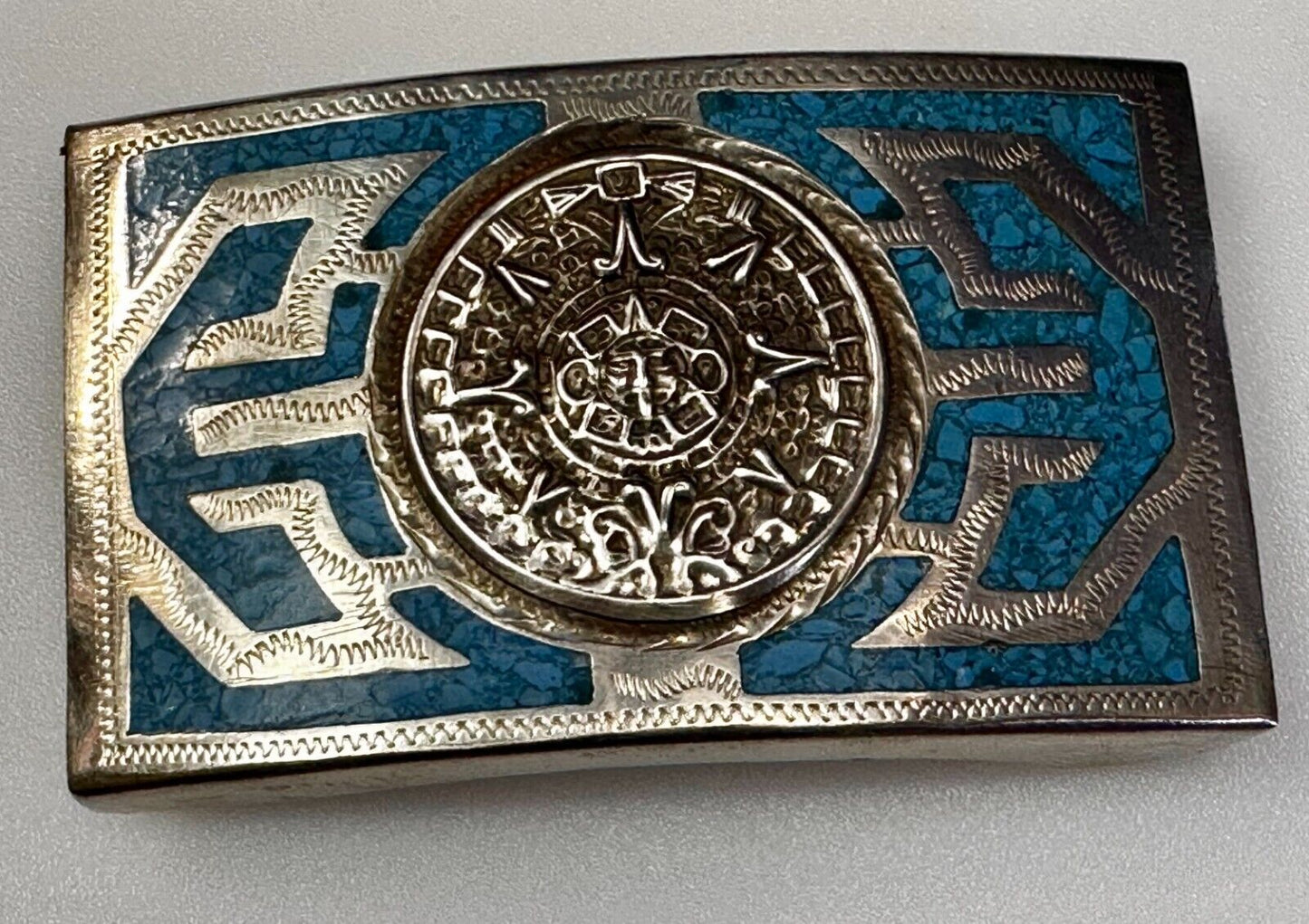 Aztec Mayan Calendar Sun Turquoise Inlay Southwestern Vintage Belt Buckle