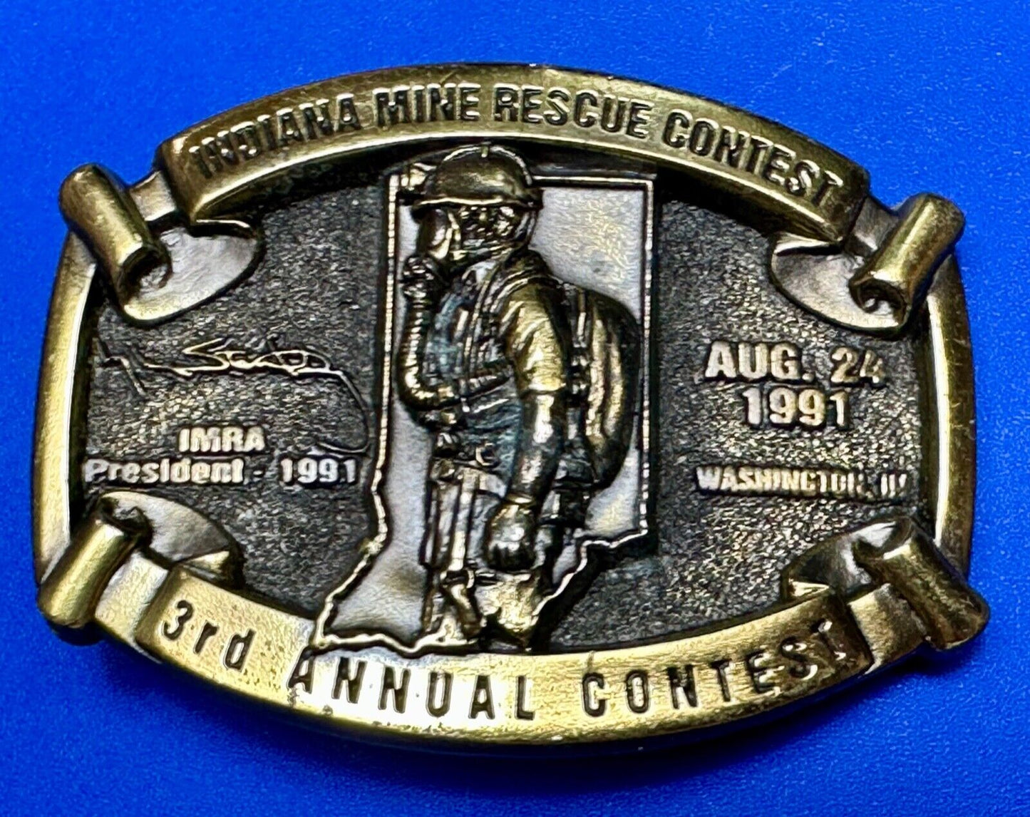 Vintage 1991 IRMA Indiana Mine Rescue Contest 3rd annual belt buckle