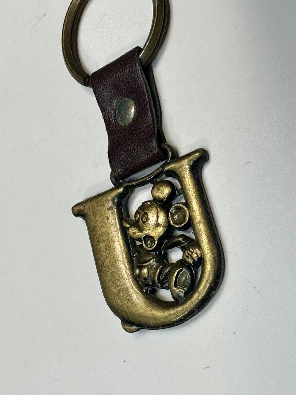 VINTAGE LETTER INITIAL U MICKEY MOUSE DISNEY KEYCHAIN BRASS and LEATHER FOB