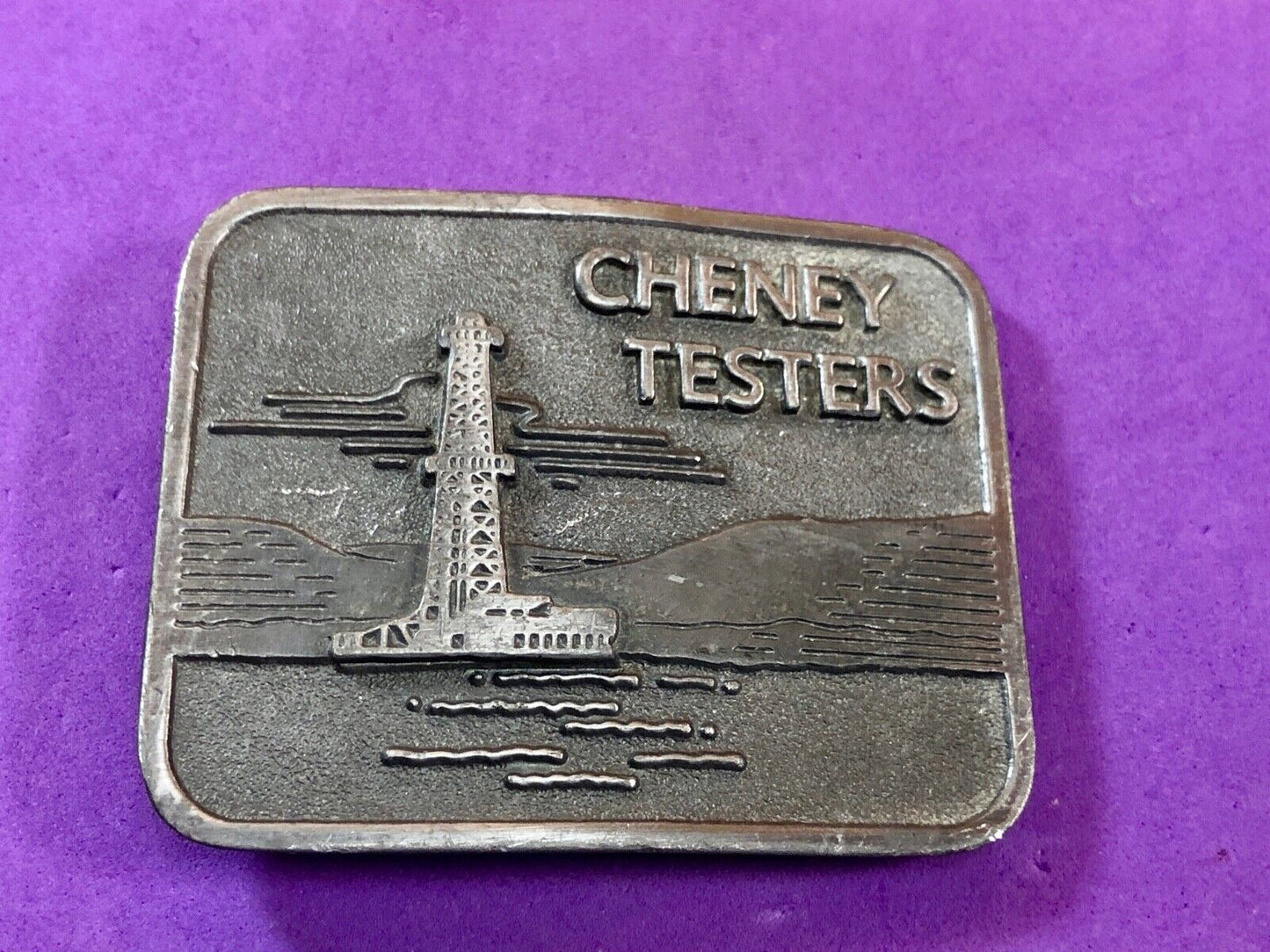 vintage Cheney Testers promo belt buckle -oil rig , back flow monitor company