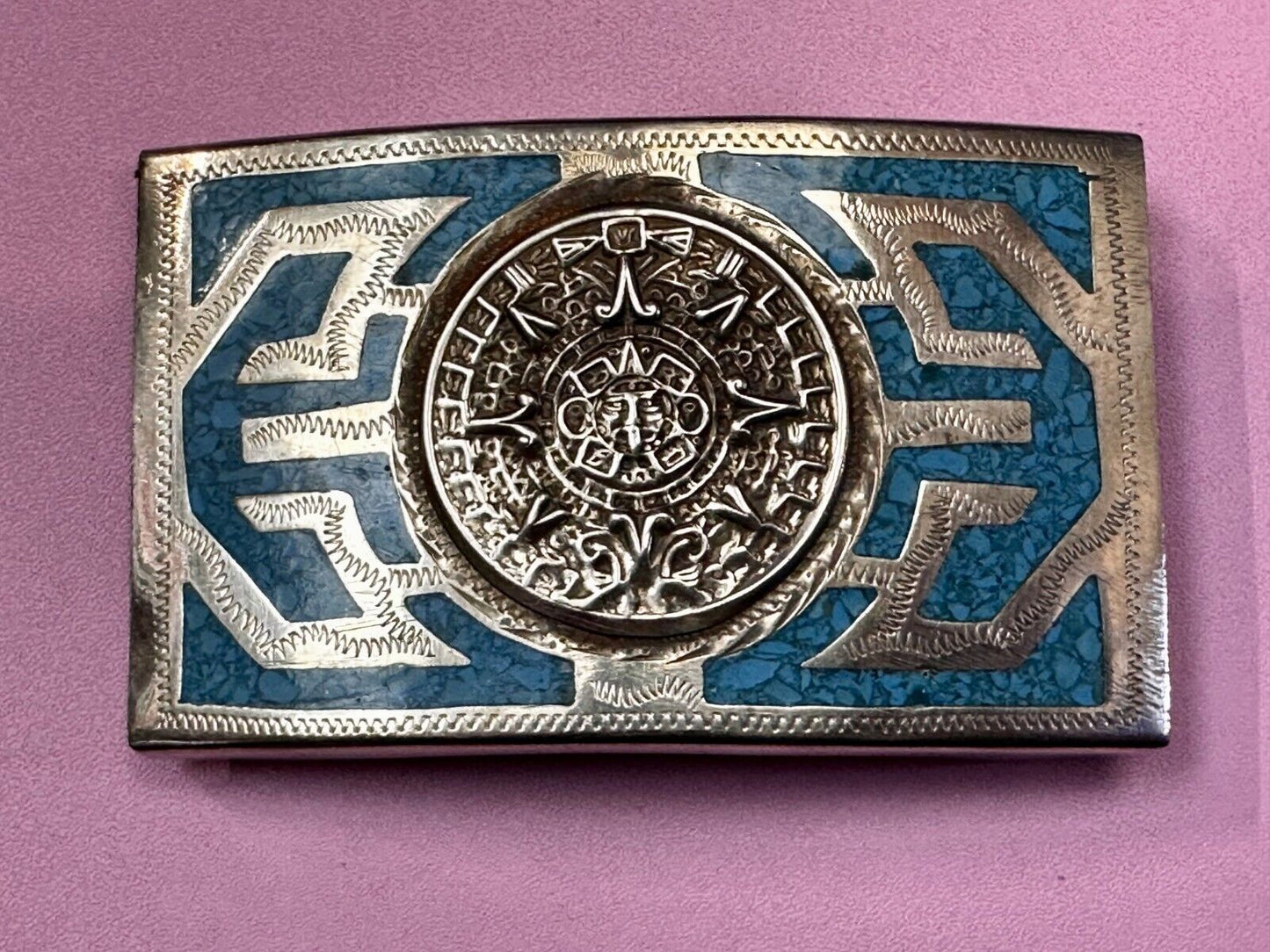 Aztec Mayan Calendar Sun Turquoise Inlay Southwestern Vintage Belt Buckle