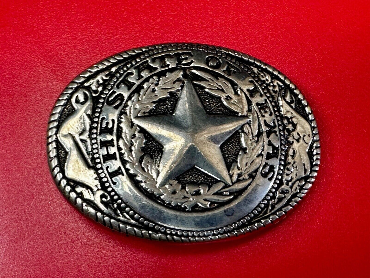 The Great State of Texas Star Flag Theme Vintage Silver tone western Belt Buckle