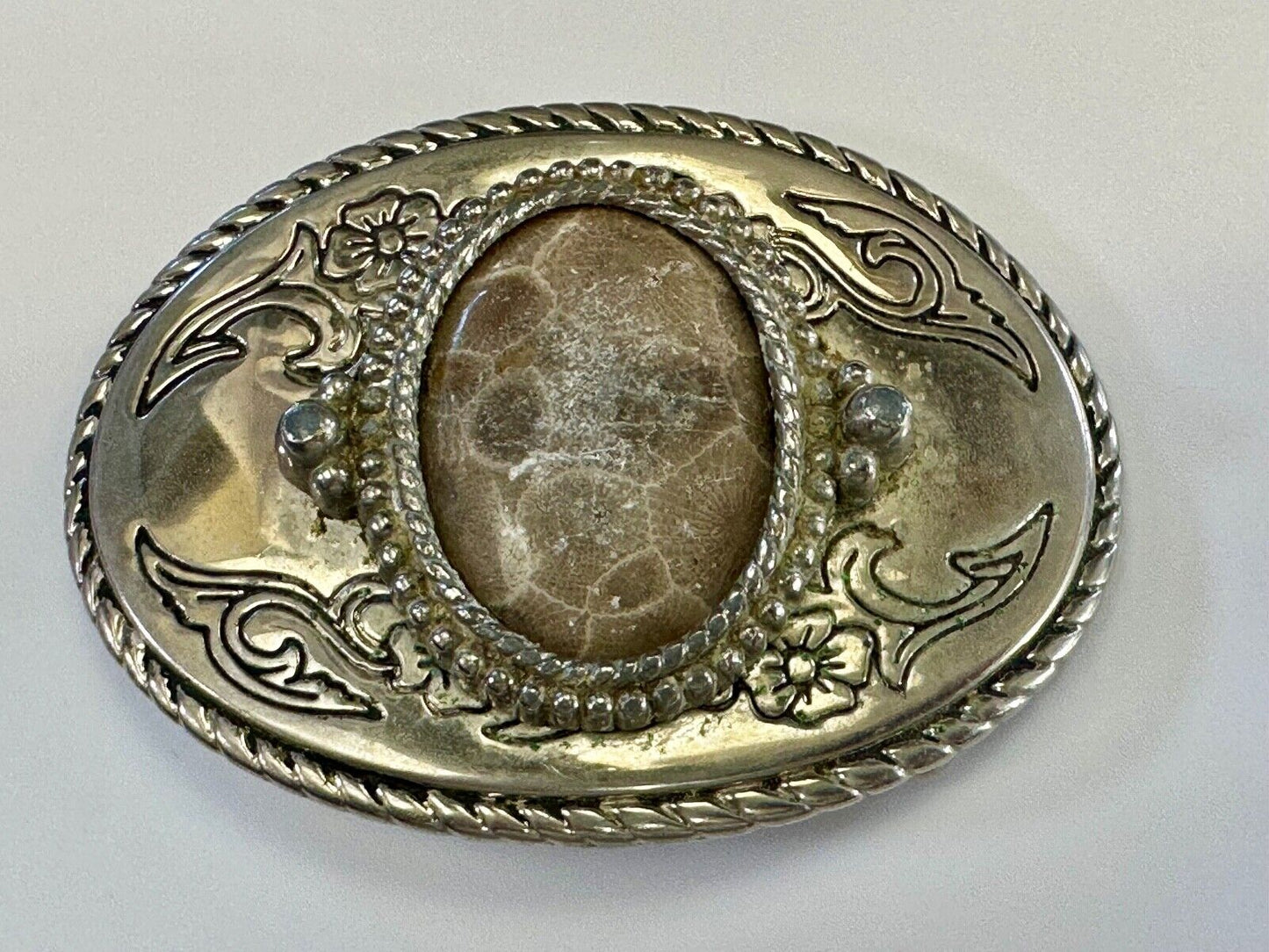 Vintage cabochon cab stone centerpiece on western silver tone belt buckle