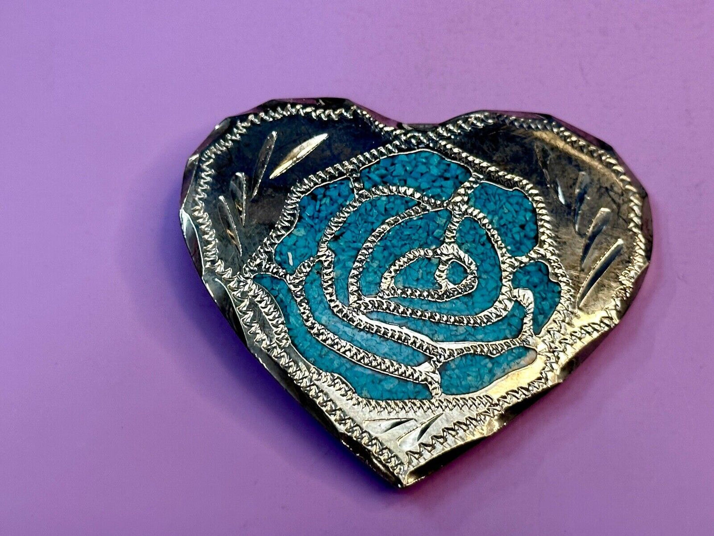 Turquoise inlaid rose flower to 3" wide heart shaped engraved swirl belt buckle