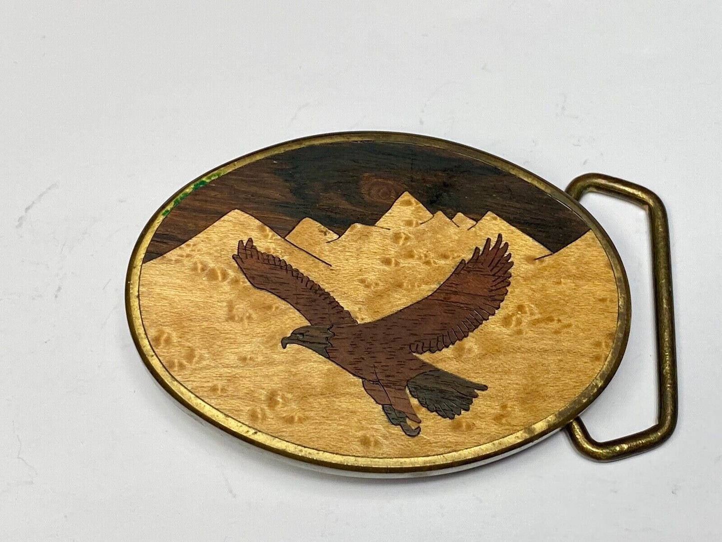 Vintage 1983 The great American Eagle mixed wood on solid brass BTS belt buckle