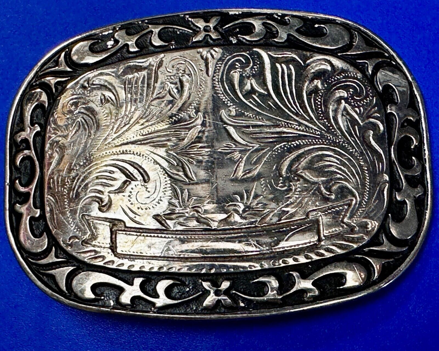 Vintage Blank Award Ribbon Scroll To Engrave Flower Swirl Design Belt Buckle