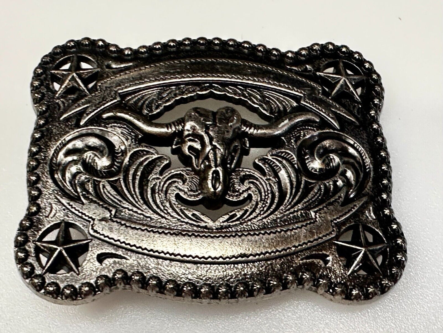 Texas Longhorn Steer / Corner Stars - Engravable Blank Award Scroll Belt Buckle