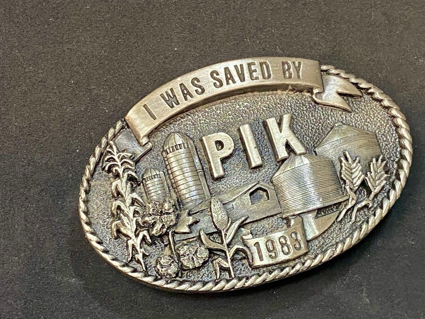 1983 "I Was Saved By PIK" Farm Agriculture Belt Buckle Iowa Premium & Supply Co
