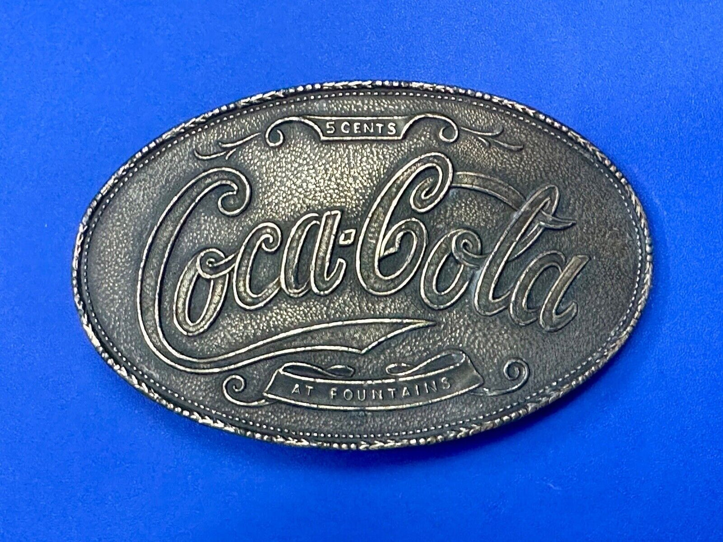 VINTAGE 1970s **COCA-COLA 5 CENTS AT FOUNTAINS** SODA POP BELT BUCKLE