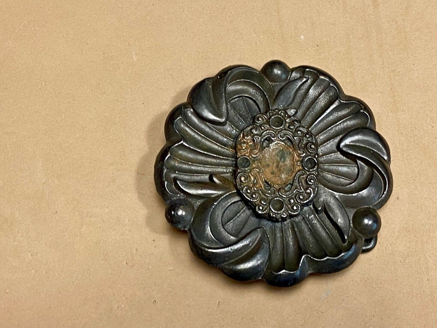 Vintage Antique? Black Flower belt buckle marked BF. - missing stones