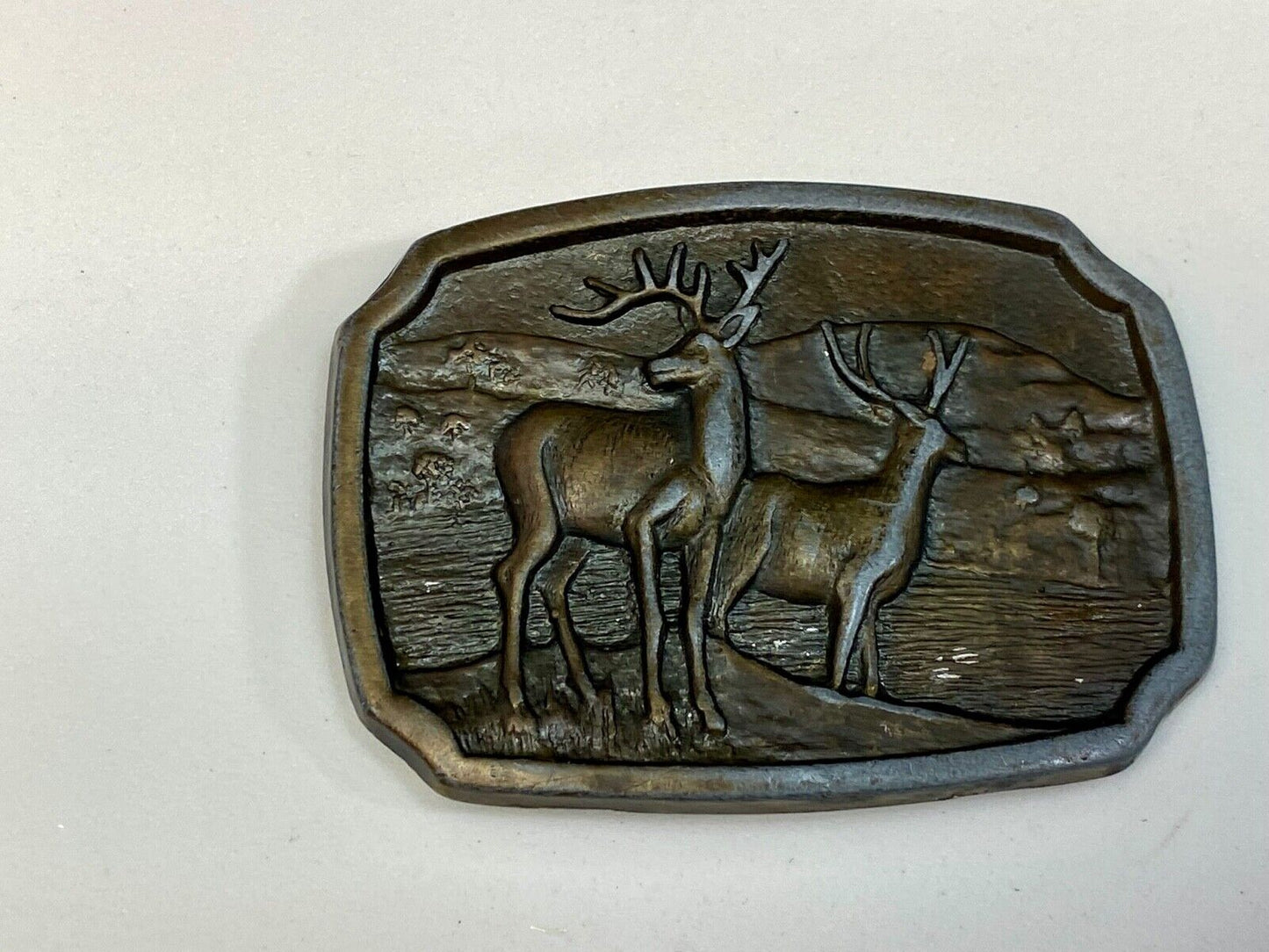 Vintage Deer And Doe In Nature Brass Tone Belt Buckle -- Perfect Hunters Gift!