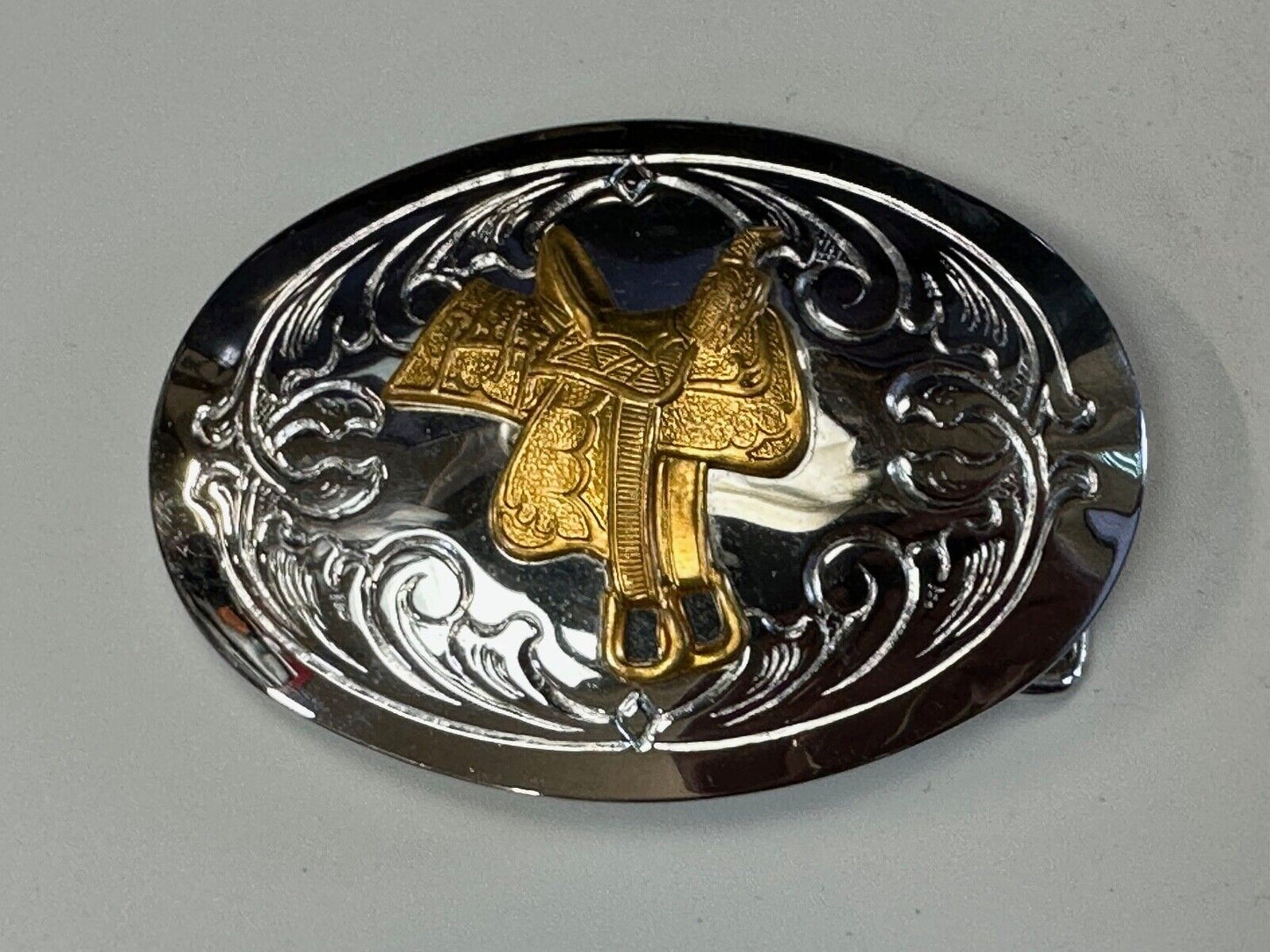 vintage Chambers Horse Saddle - Cowboys Cowgirls two tone belt buckle
