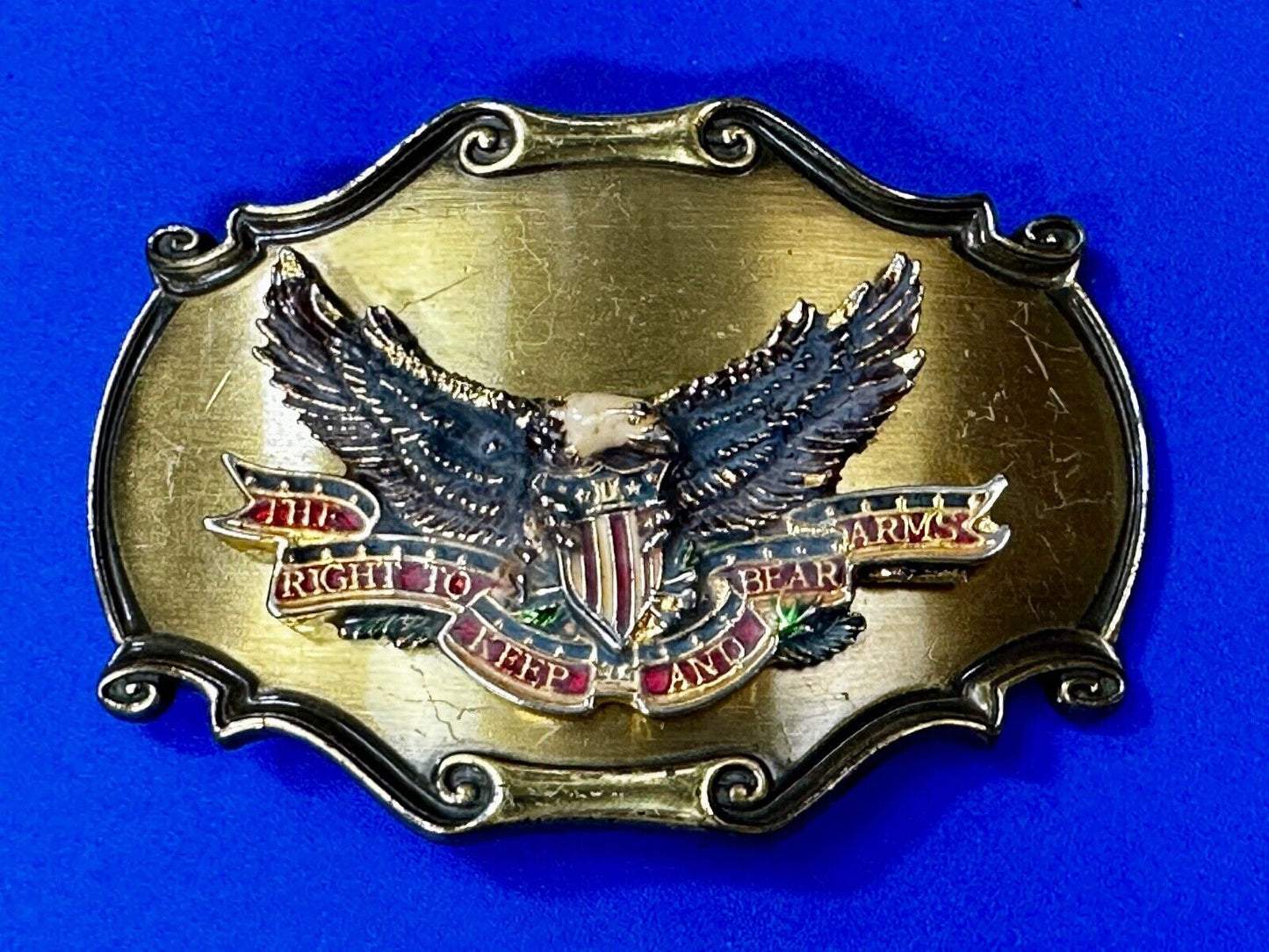 The Right To Keep and Bare Arms VTG 1980 Western Framed Belt Buckle by Rain-Tree