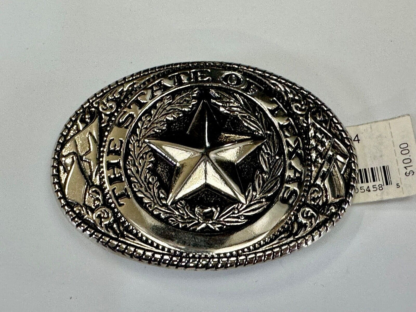 The Great State of Texas - Lone Star Flags seal silver tone NOS belt buckle