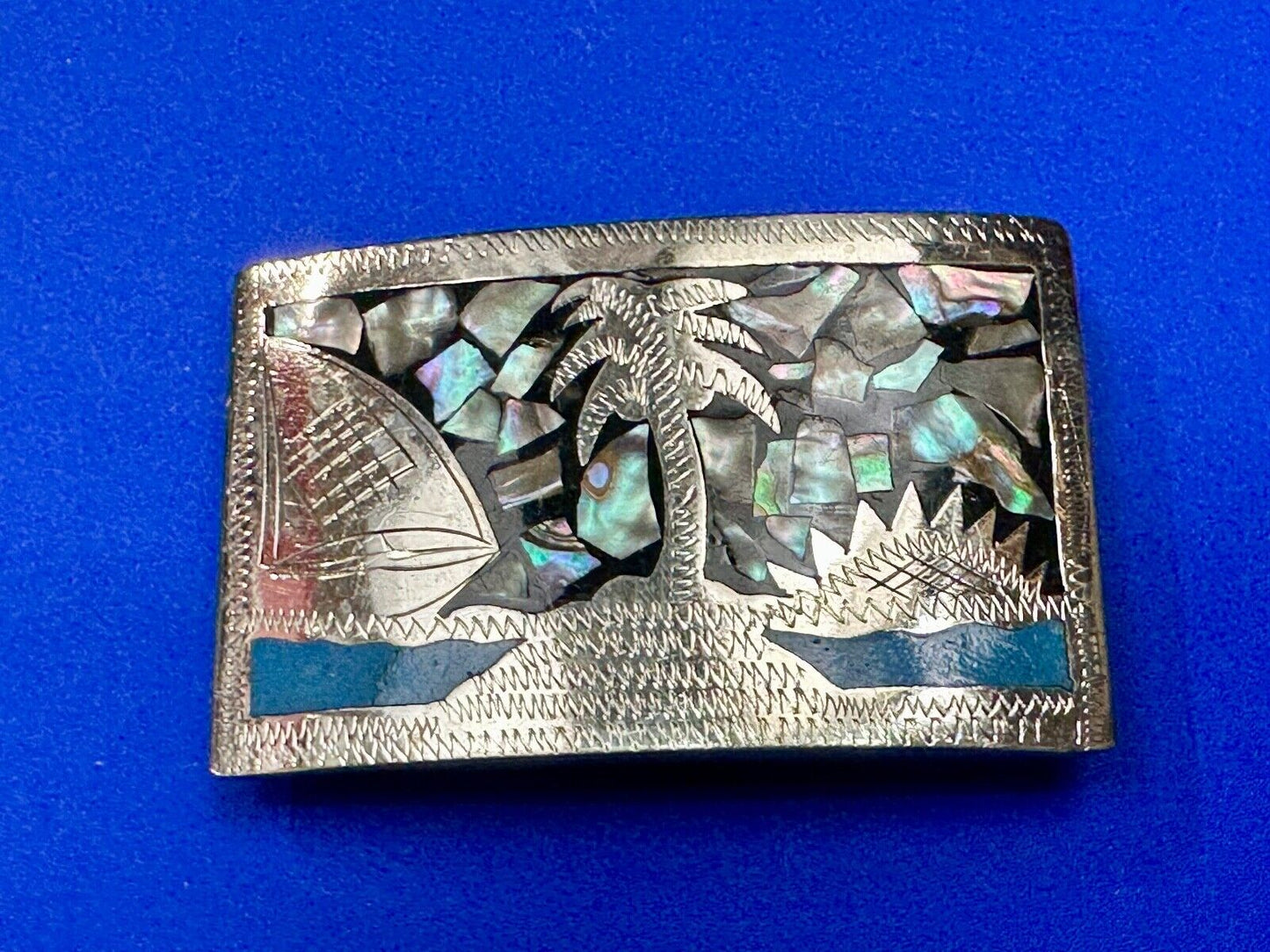 Beach Scene with Palm Tree - Inlaid Turquoise, Abalone Shell Vintage belt buckle
