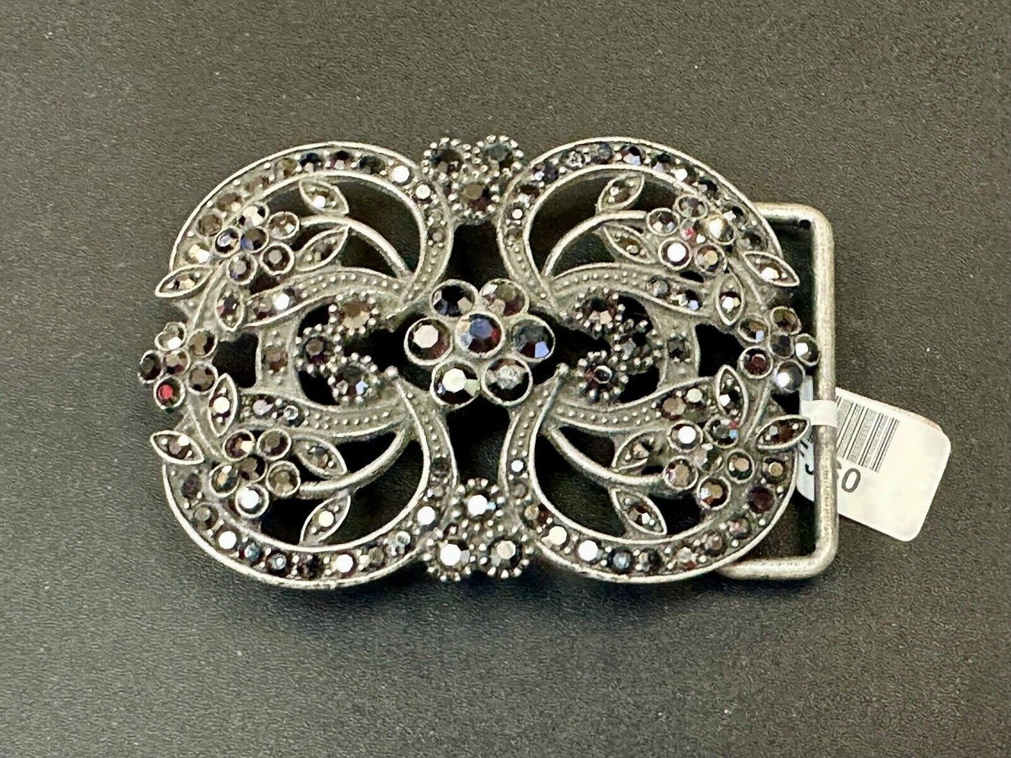 Black rhinestone accented metal flower pattern NOS Funky Junque belt buckle