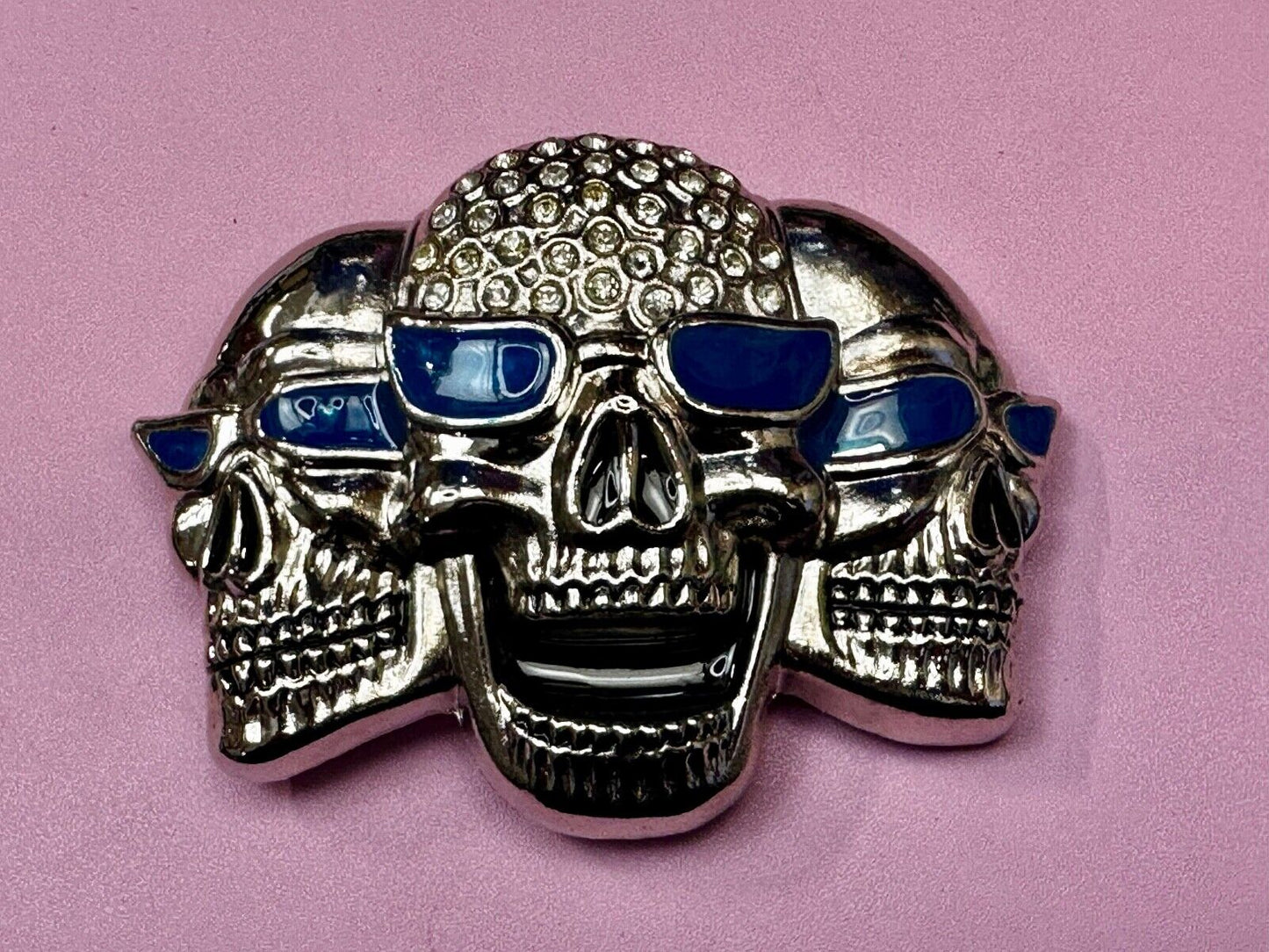 Three Skull's Heads Rhinestone Accented W/ Blue Shades Silver Tone Belt Buckle