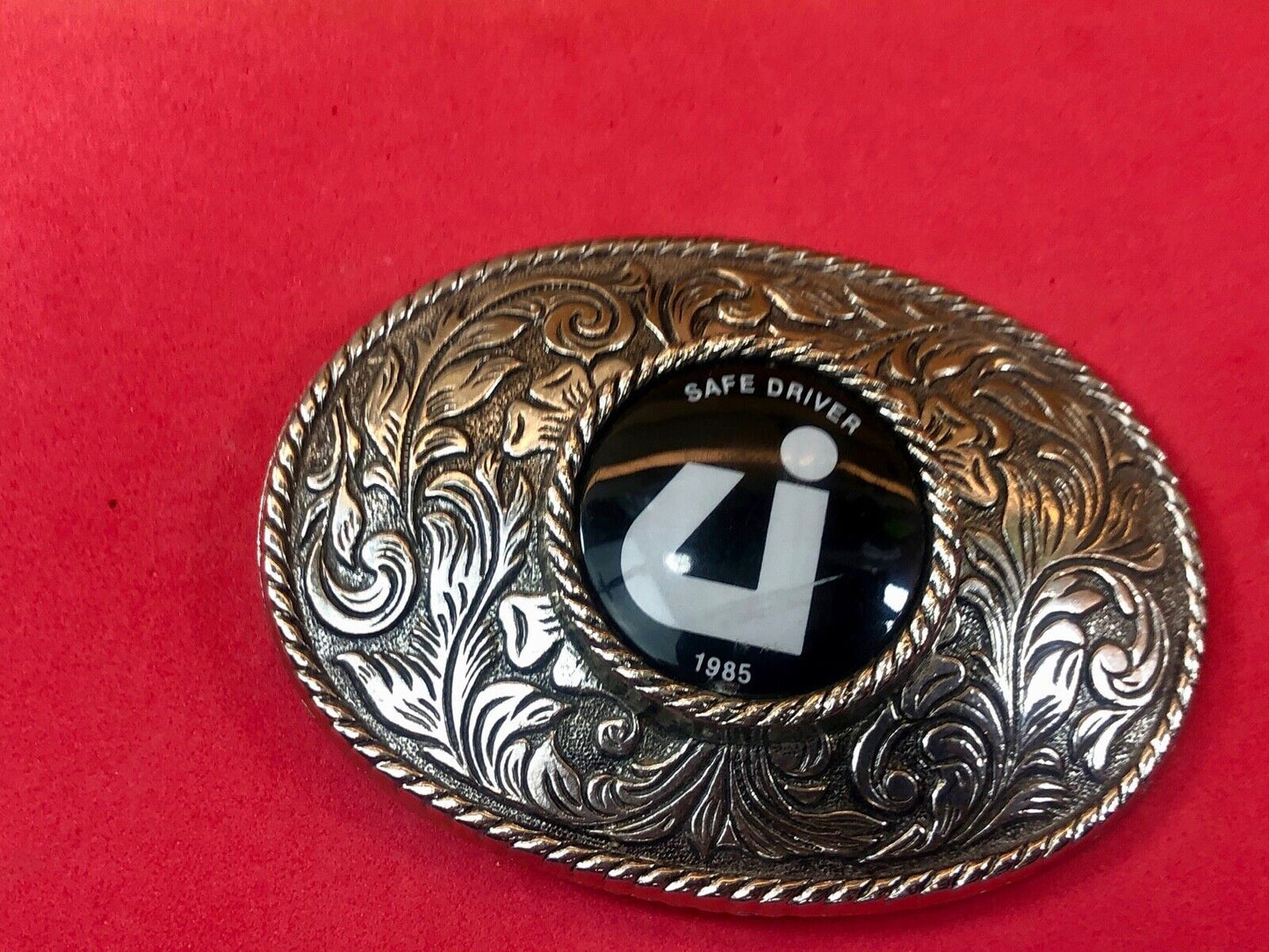 Vintage 1985 Safe Driver Award Silver Tone Western Centerpiece Belt Buckle