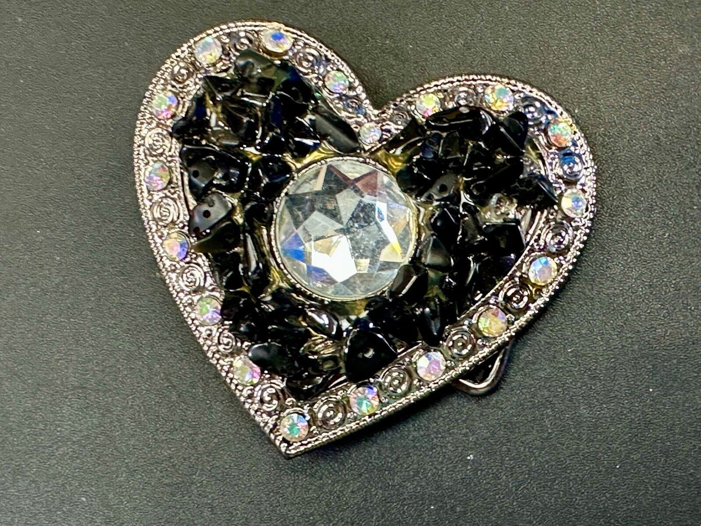 Black Chunky HEART clear rhinestone boarder large Clear centerpiece belt buckle