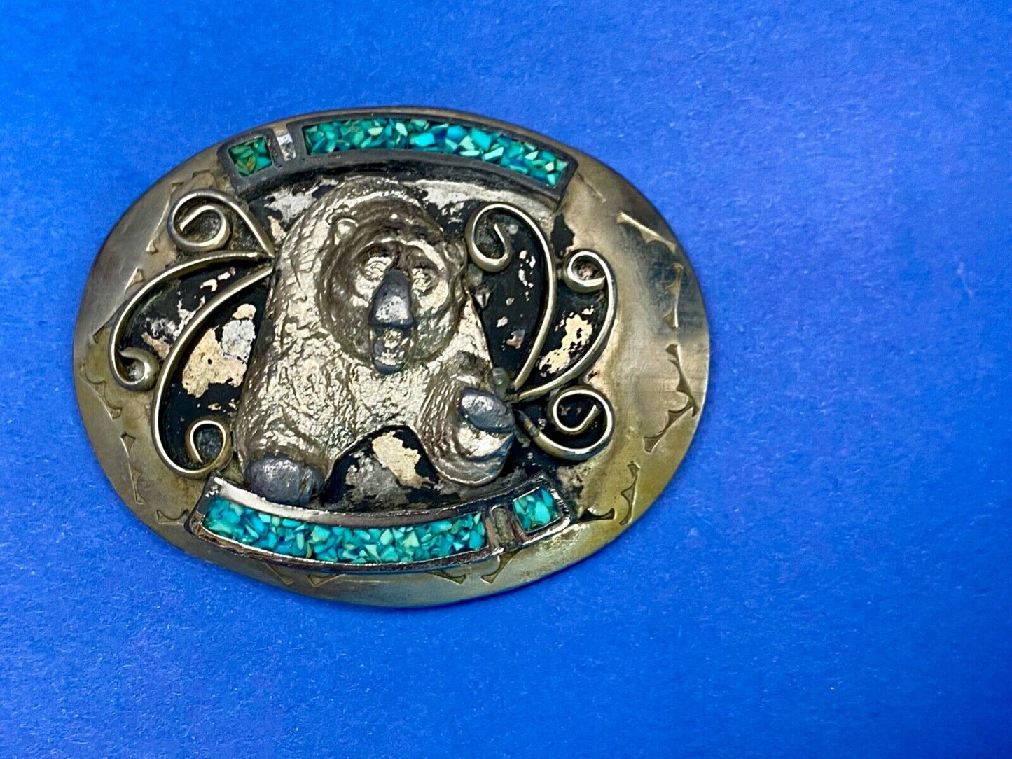 Bear Coming At You! Crushed Turquoise Belt Buckle - Hallmarked Nc? Navajo?