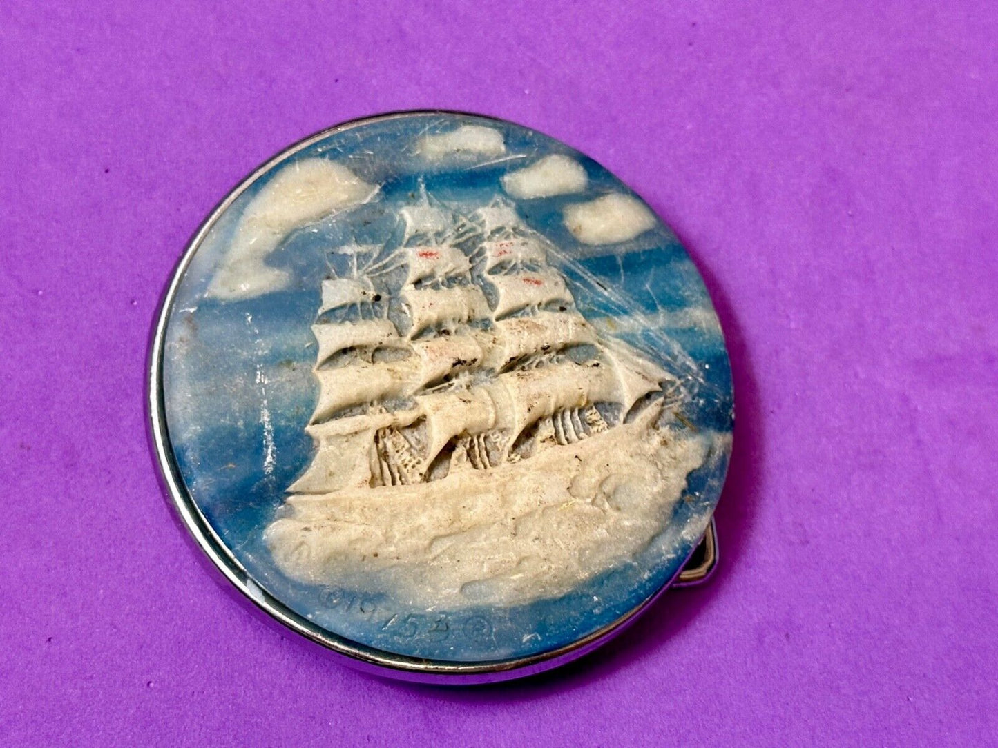 3-Masted Schooner Ship Carved Incolay Stone Cameo Vintage 1975 belt buckle