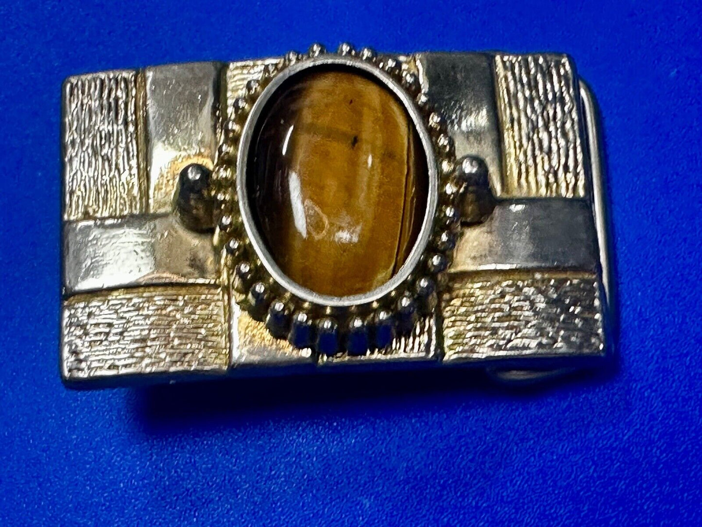 Tigers Eye Cabochon Stone Centerpiece on Western gold tone box theme Belt Buckle