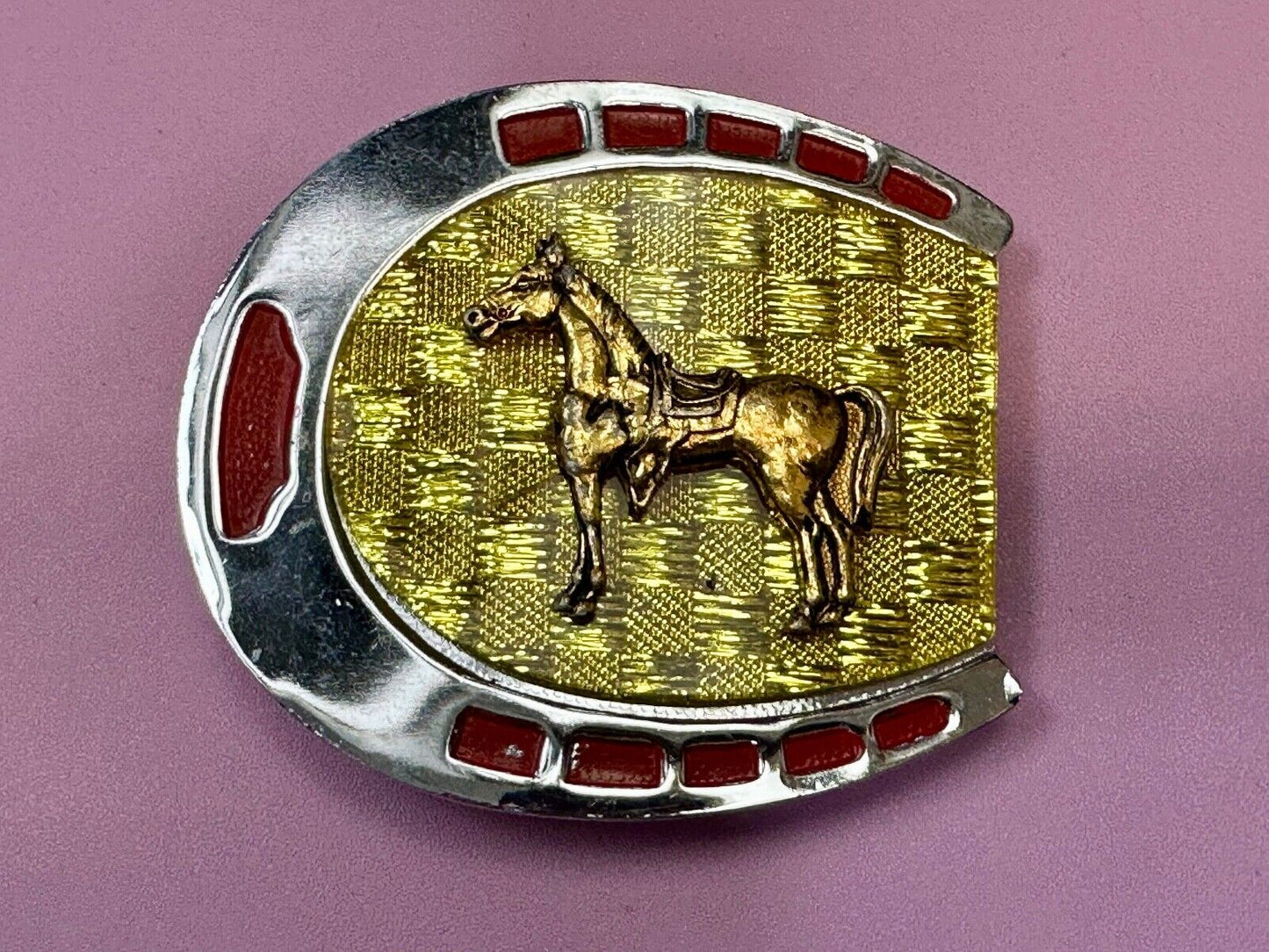 Artisan Resin covered Horseshoe shaped Belt Buckle with gold tone standing horse