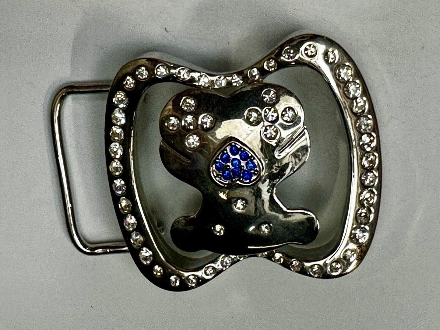 Teddy Bear W/ Heart Clear & Blue Rhinestone Accented Belt Buckle