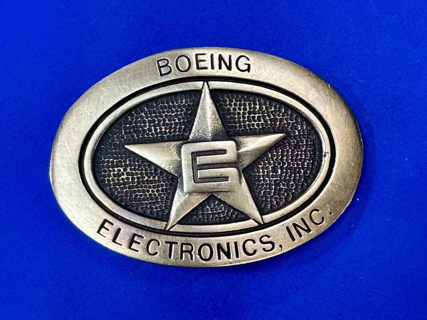 Vintage Boeing Electronics Inc Solid Brass BTS 1978 belt buckle Star Emblem