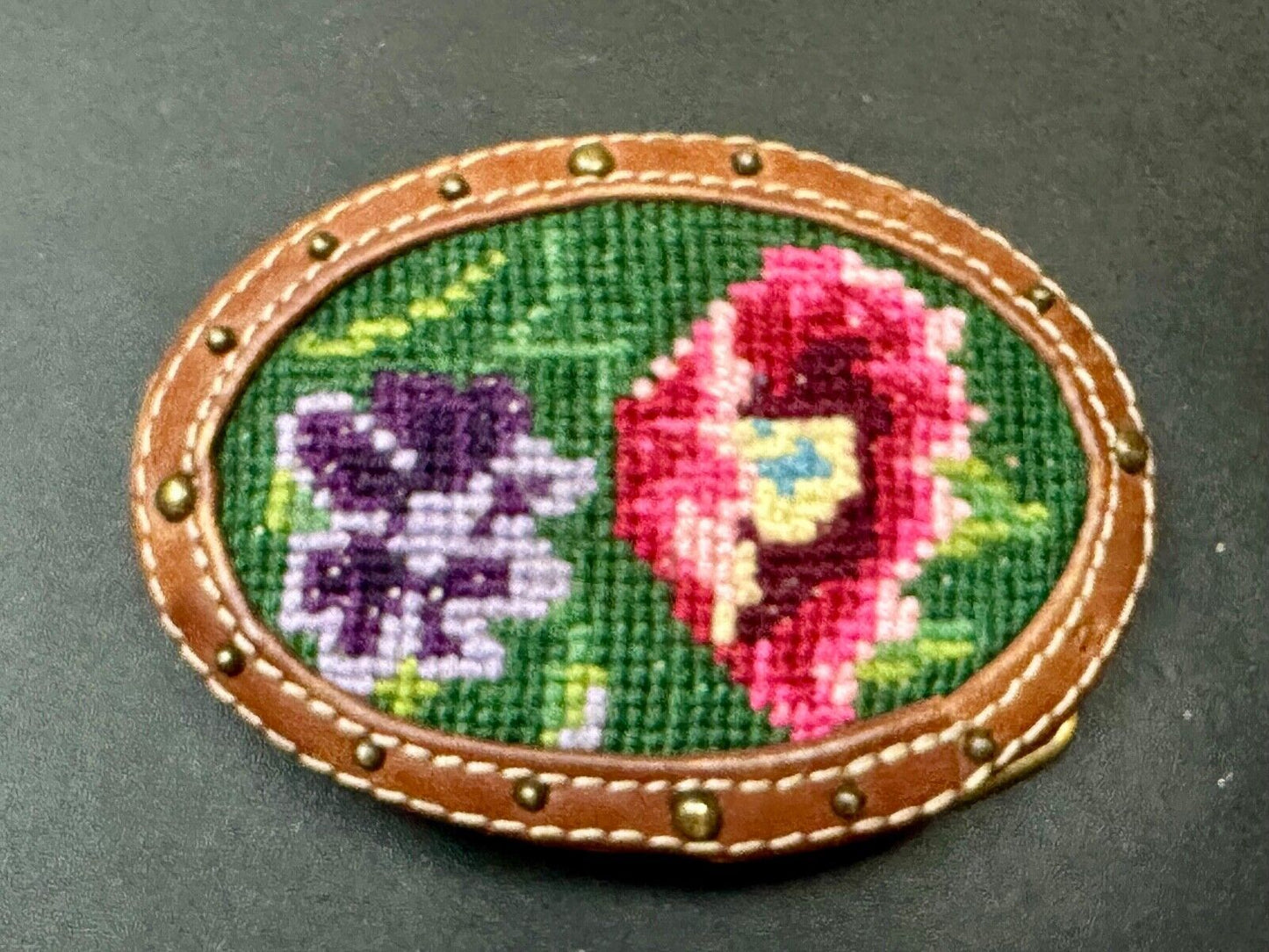 Beautiful Flowers Artisan cross-stitched on brown leather Vintage Belt Buckle