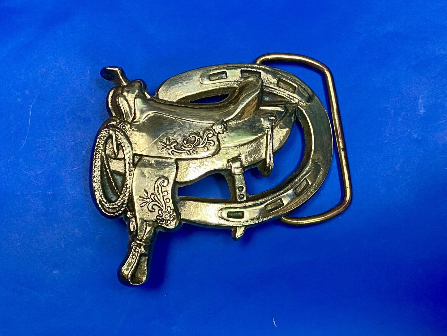 Vintage 1980 Horse Saddle Solid Brass Belt Buckle By Baron Brass Works