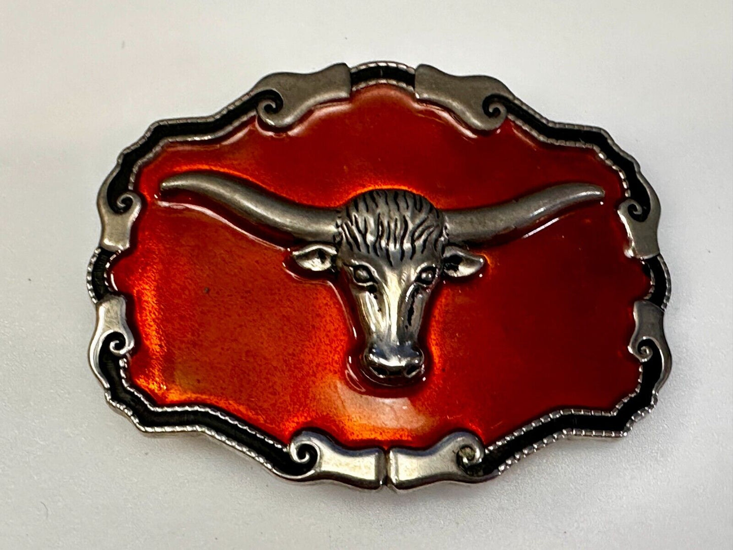 Texas Longhorn Cow Head Steer Orange Enameled Western Cowboys Rodeo Belt Buckle