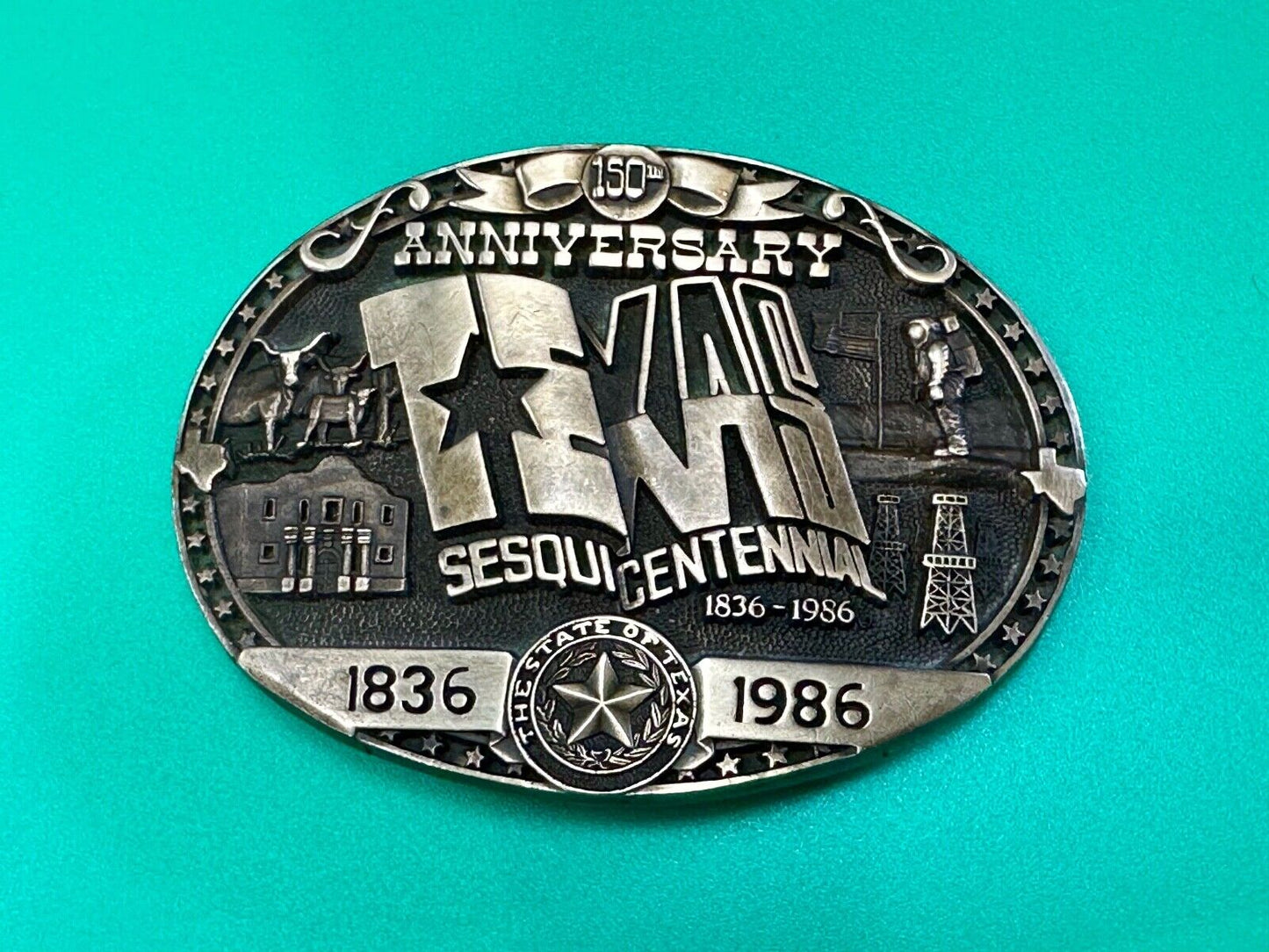 Texas Sesquicentennial 150 year celebration solid brass ADM belt buckle