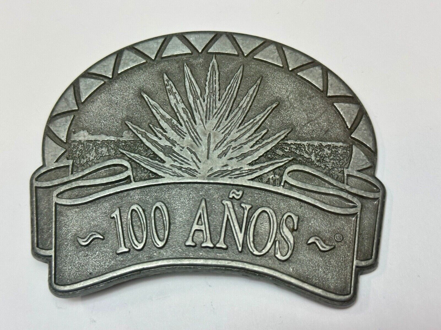 Tequila advertising 100 Anos Vintage Pewter Metal cutout belt buckle