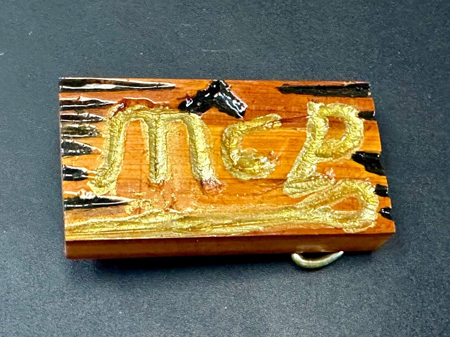 Artisan wood belt buckle with M & P engraved Initials
