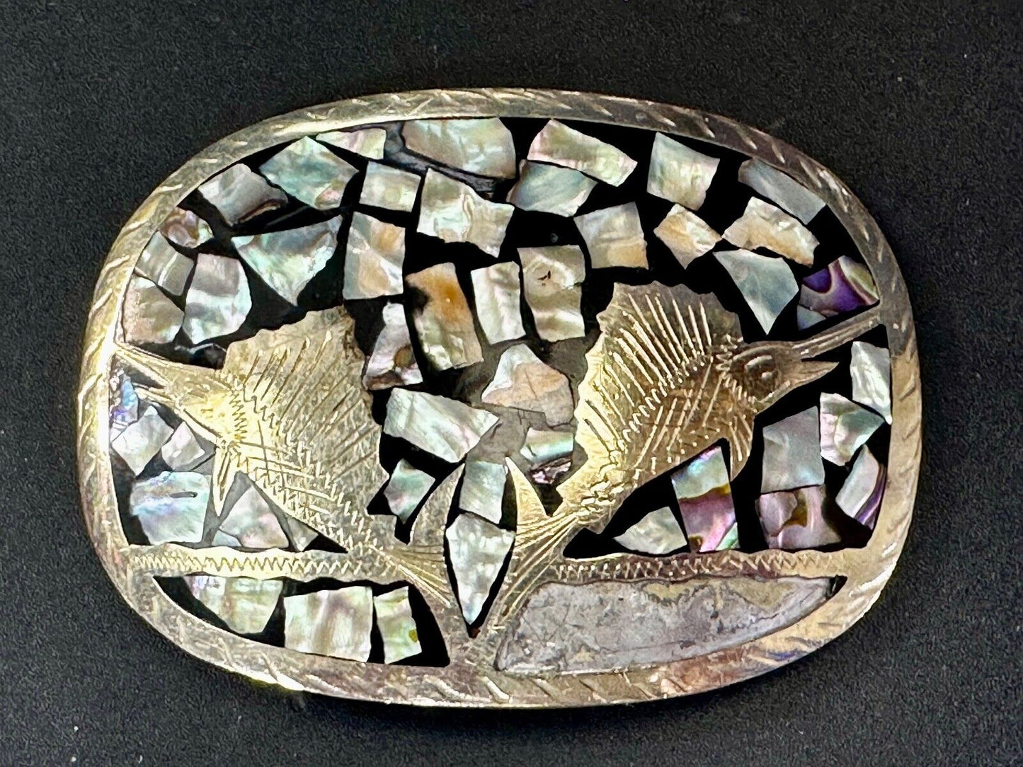 Swordfish with Abalone Shell Inlaid Western Belt Buckle - missing shell to repar