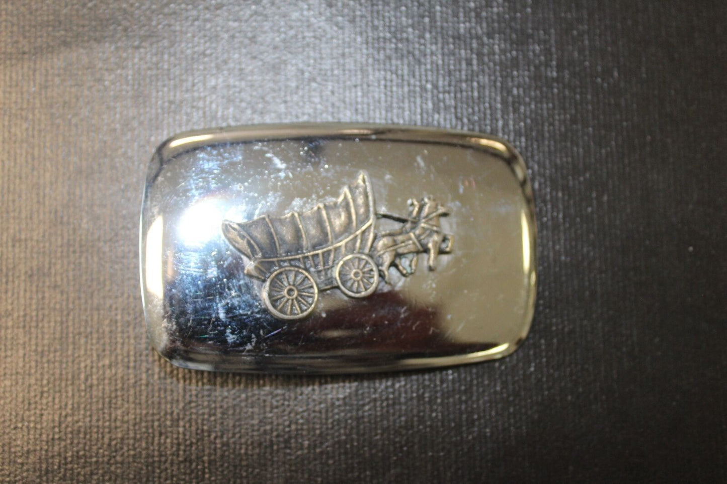 Vintage belt buckle, Made in USA, Conestoga covered wagon and horses