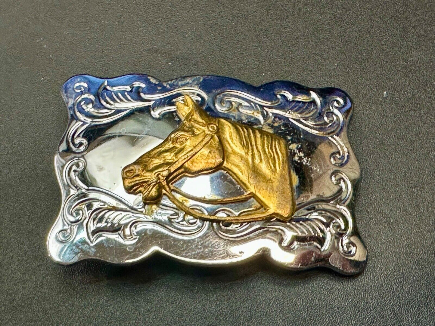 Vintage Chambers Horse head - two tone stamped rectangular belt buckle