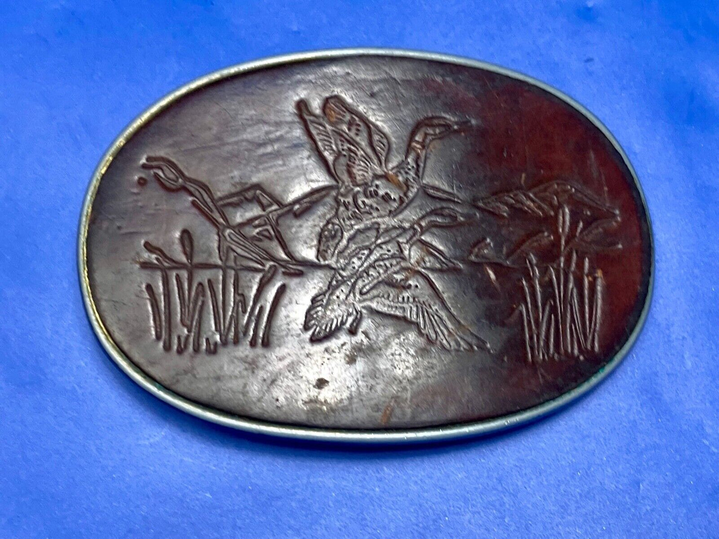 Vintage Ducks taking off flying from pond - nature leather belt buckle