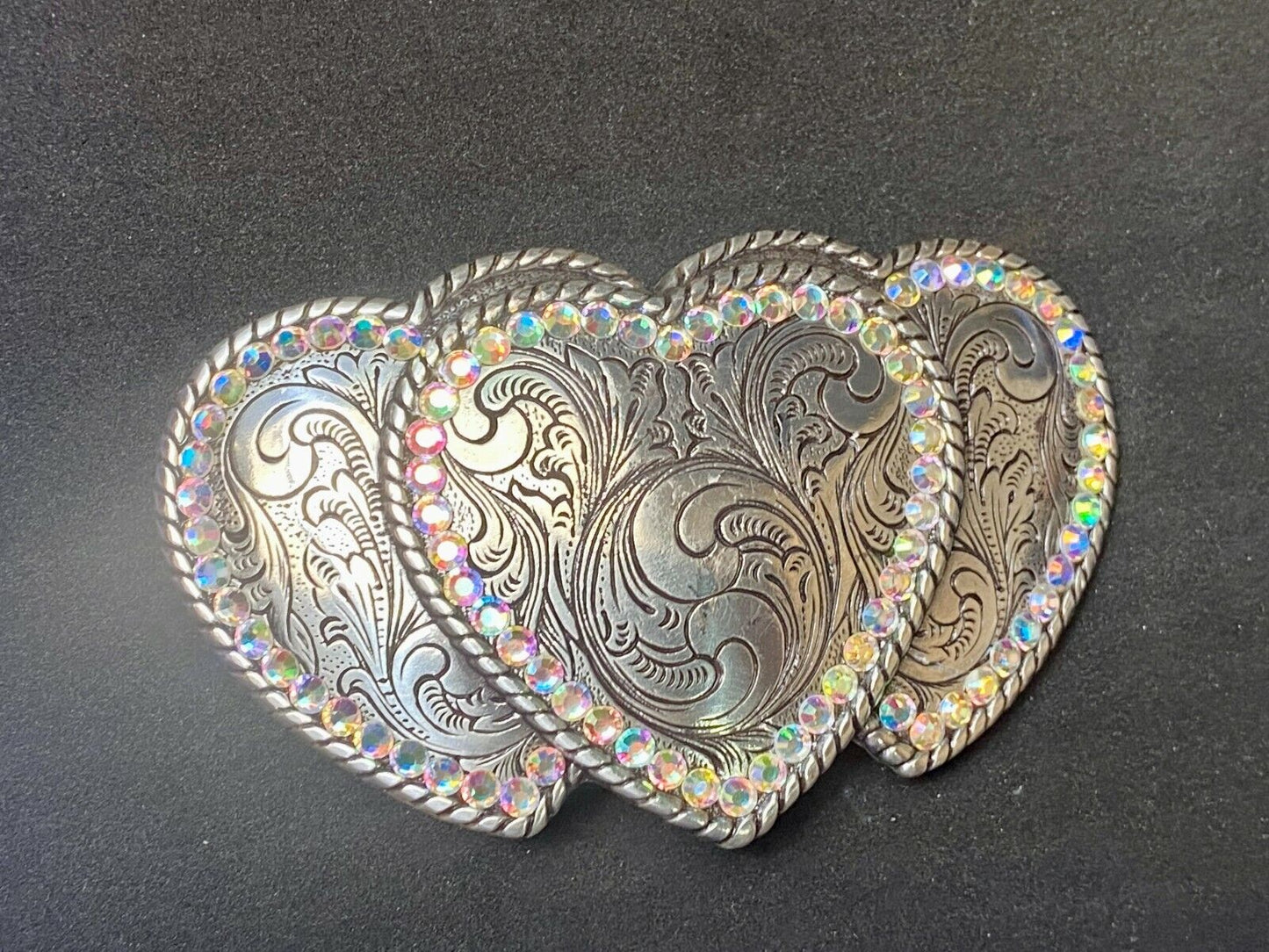 Three Hearts - Ornate Shaped Cowboy Cowgirl Rhinestone Accented Belt Buckle
