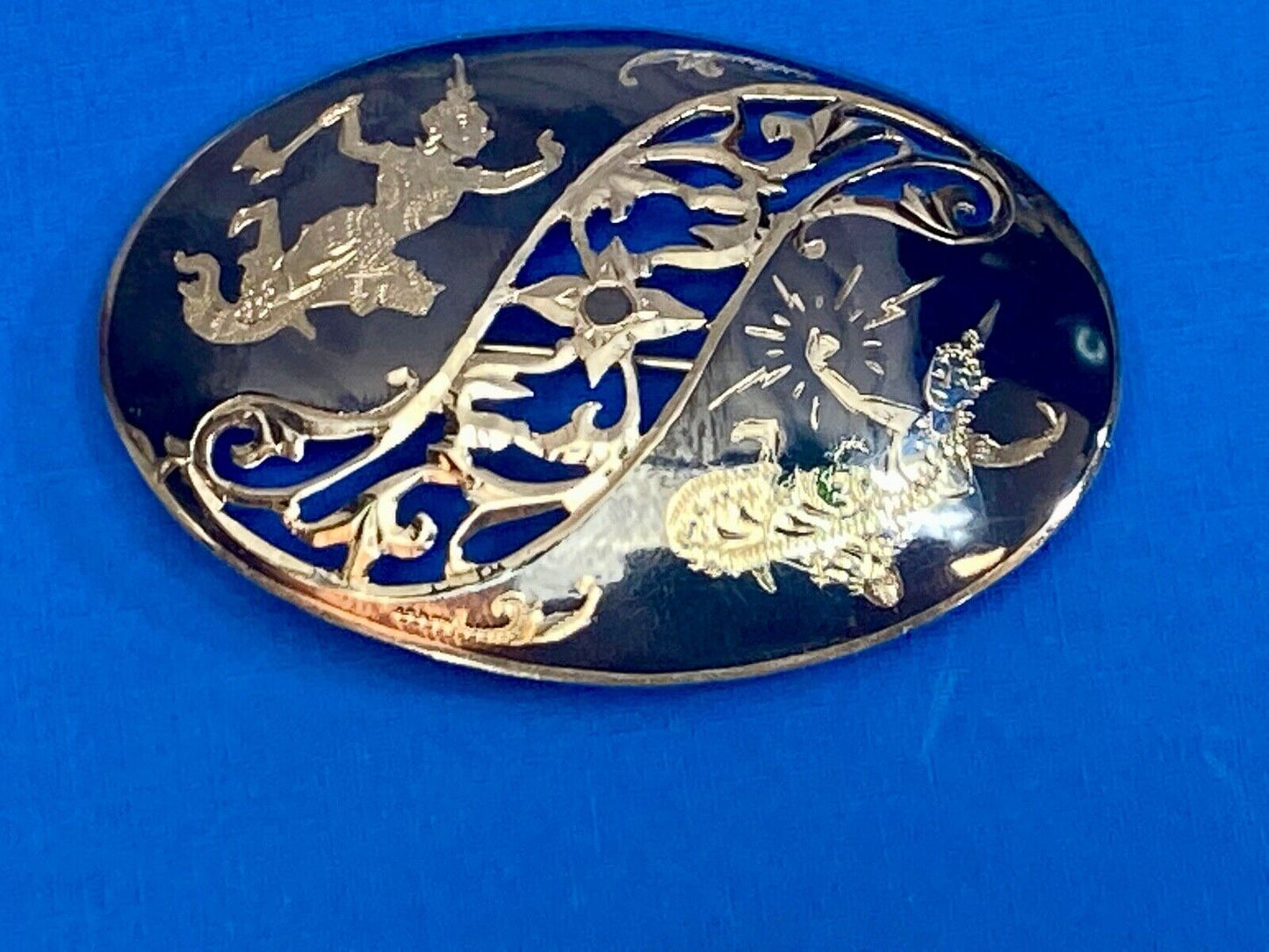 Thai Nakon Siam Black Sterling 925 Brooch Pin Niello Ramasoon & Mekkala Goddess