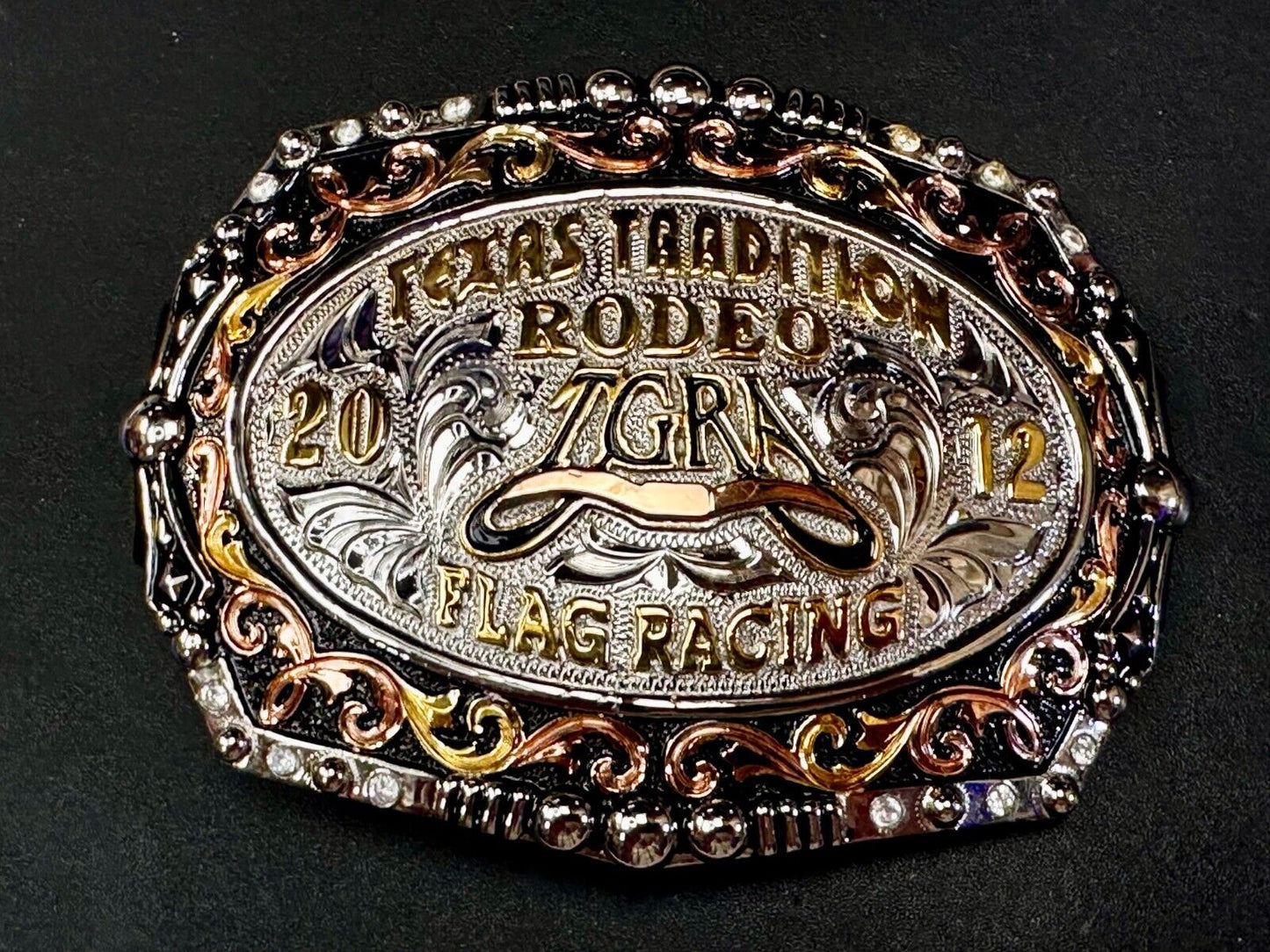 TGRA Texas Tradition Rodeo Flag Racing 2012 Trophy Award Belt Buckle Lone Star